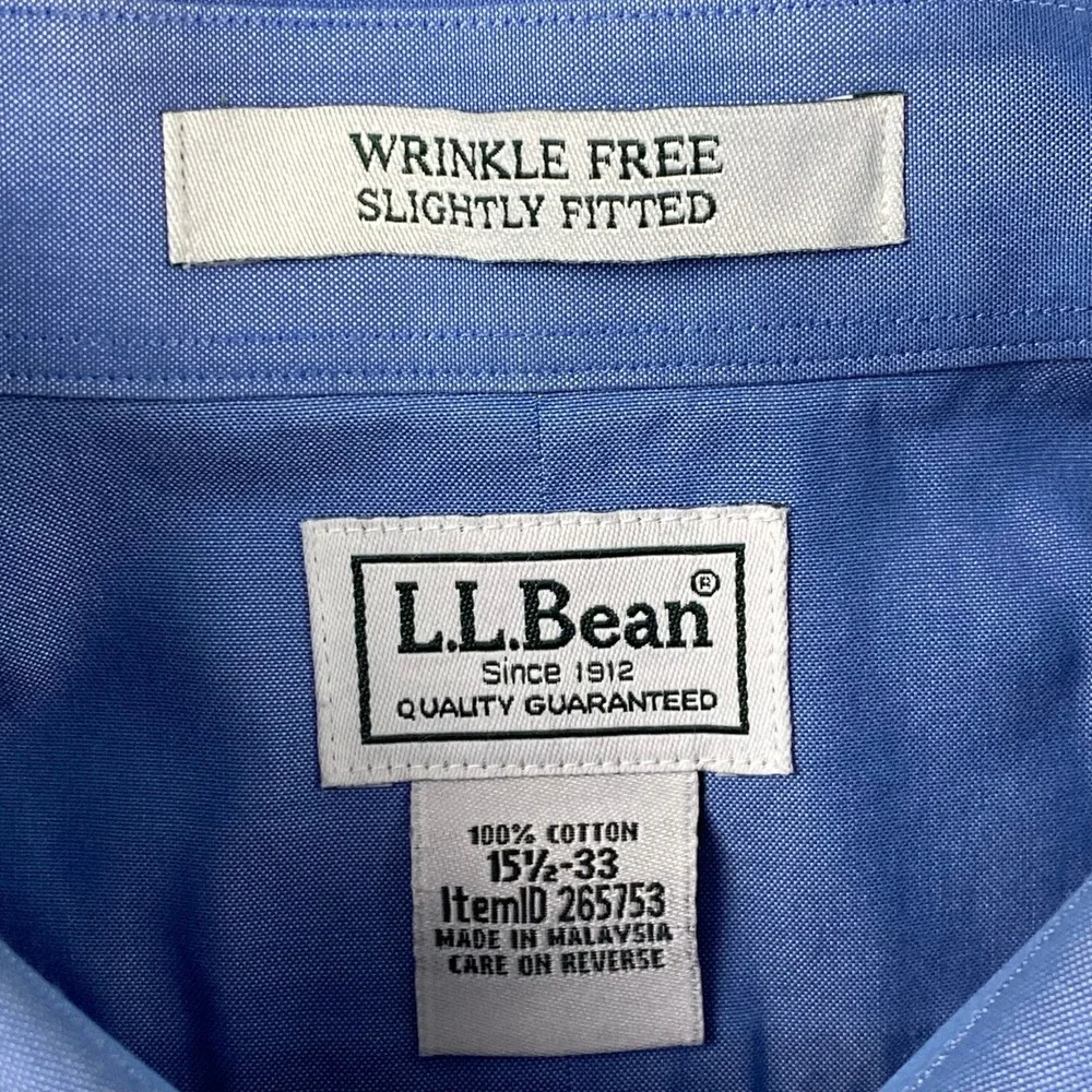 L.L.Bean Mens 15.5-33 Button Down Shirt Blue Wrinkle Free Slightly Fitted